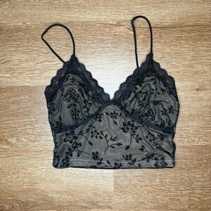 Whimsigoth Black Floral Mesh Lace Cropped Top size xs